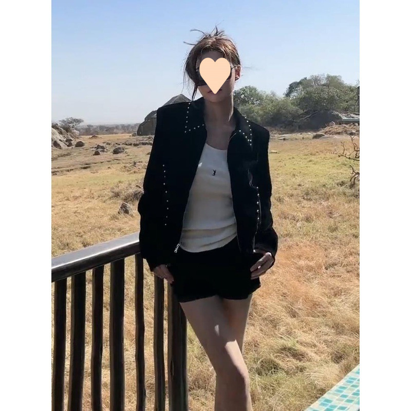 Qianyun Black Velvet Jacket, Feminine, High-End, Popular Design, Beaded Lapel, Retro Jacket Top
