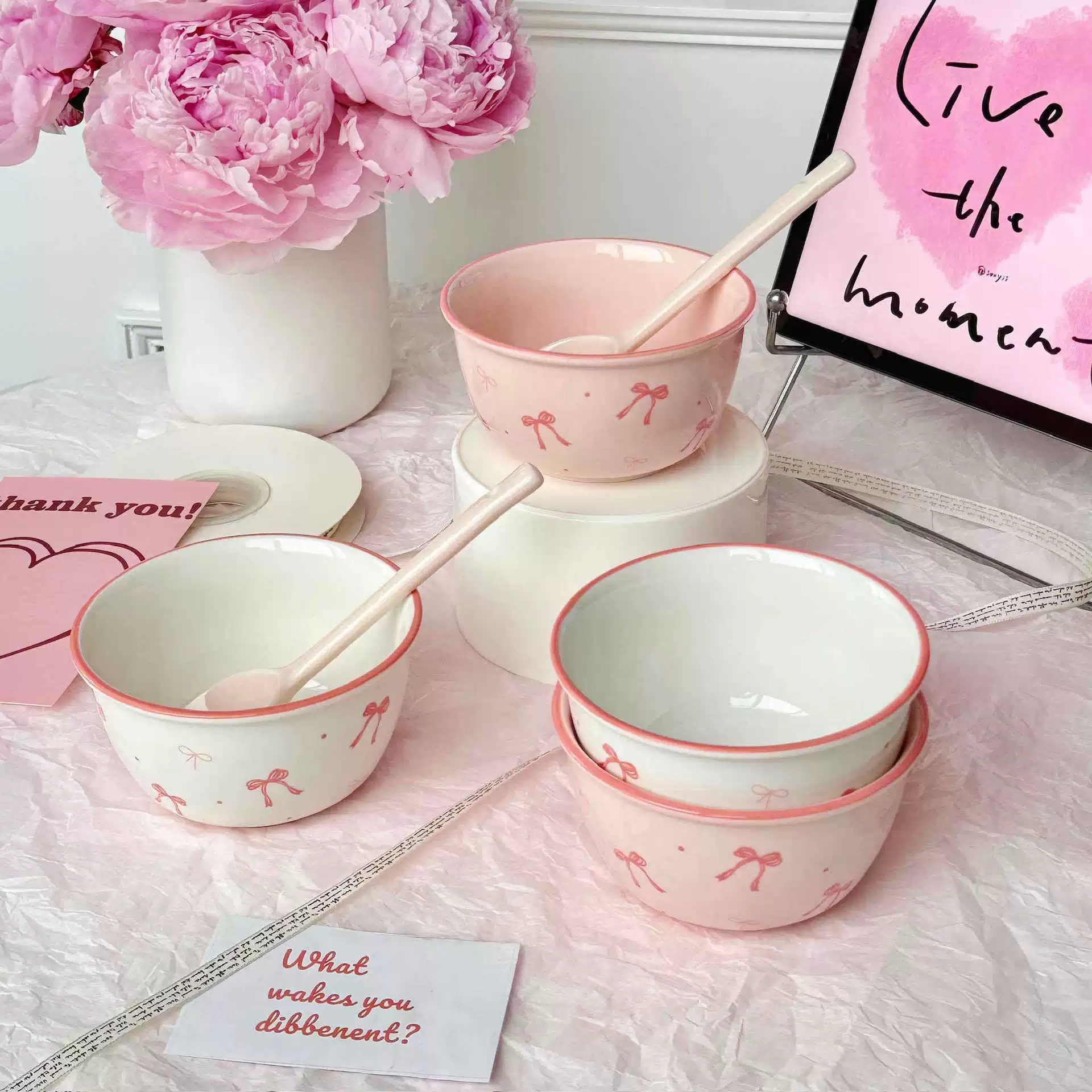Ceramic Tableware Set (Fuchsia) with Bow Motif, Home Dining, Assorted Pieces