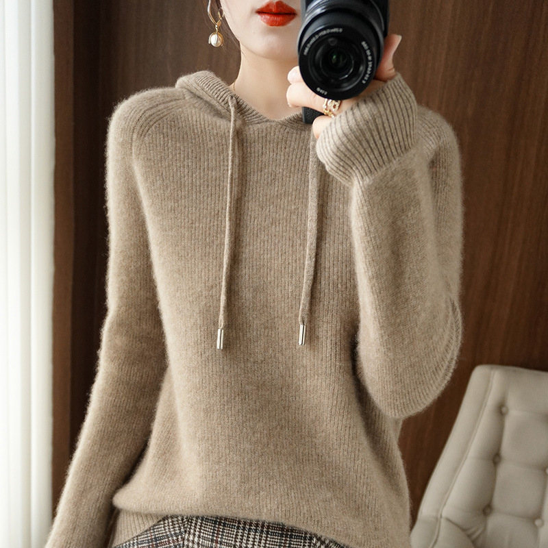 New Autumn and Winter Hooded Thickeneded Knitted Hoodie Loose Large Size Outer Top Women's Bottoming Shirt Drawstring Casual Style