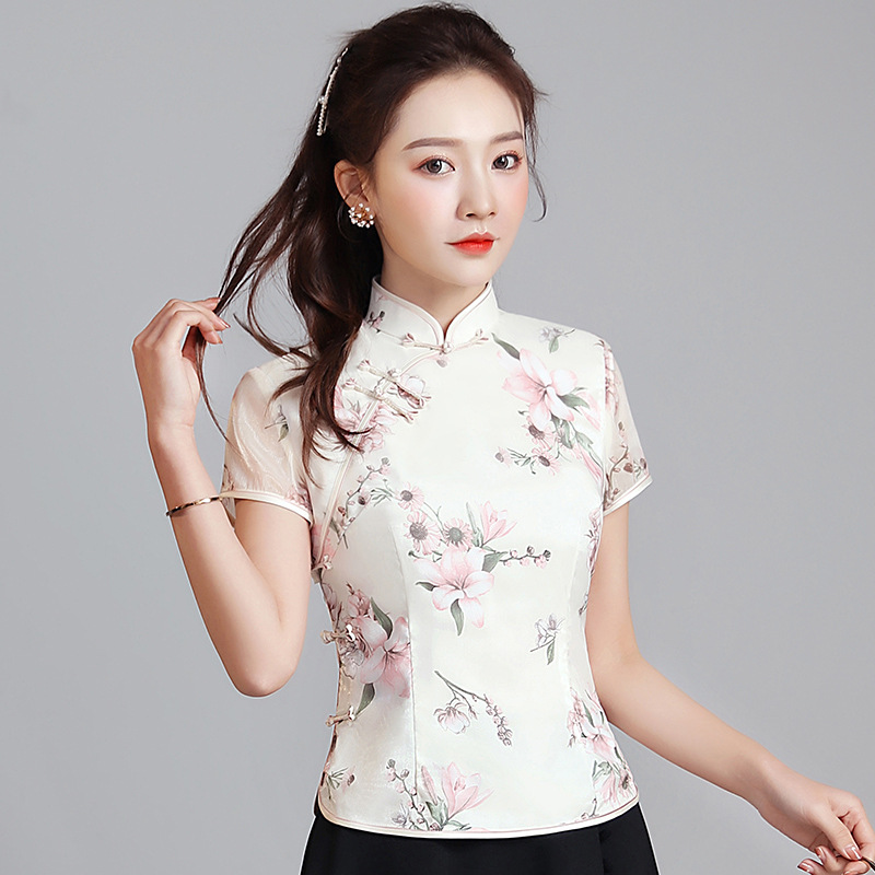 秀观唐花见2021夏季新款优雅雪纺定位古典印花修身唐装旗袍上衣