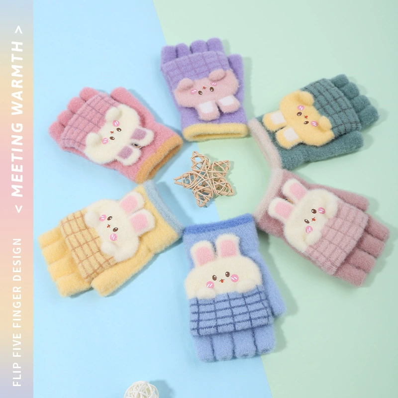 Детские перчатки Зимние вязаные перчатки для мальчиков и девочек, учеников детского сада, милые Мультяшные вязаные перчатки с откидной крышкой и надписью на половину пальца