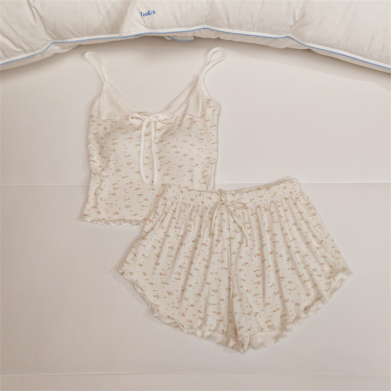 帶胸墊睡衣女夏季小碎花吊帶短褲兩件套薄款甜美性感莫代爾家居服