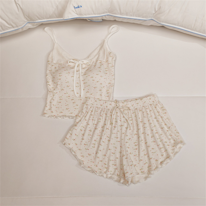 Pajamas with Breast Pads for Women Summer Small Floral Suspender Shorts Two-Piece Set Thin Sweet Sexy Modal Home Clothes