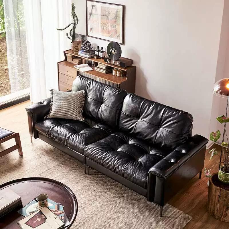 Nebula sofá sofá de cuero de piel de vaca de cera de aceite negro brillante respaldo alto pequeño apartamento retro estilo antiguo estilo Nanyang