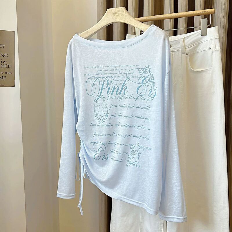 Blue Thin Sun-Protective Cover-Up Shirt with One-Shoulder Long Sleeves, Women's 2025 Summer Printed Drawstring Irregular Loose Top Blue Thin Sun-Protective Cover-Up Shirt with One-Shoulder Long Sleeves, Women's 2025 Summer Printed Drawstring Irregular Loose Top