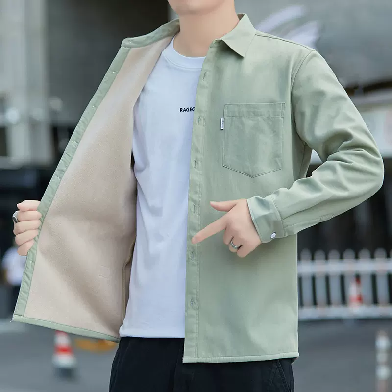 秋冬季纯棉长袖加绒加厚衬衫男港风休闲工装保暖衬衣外套宽松潮流