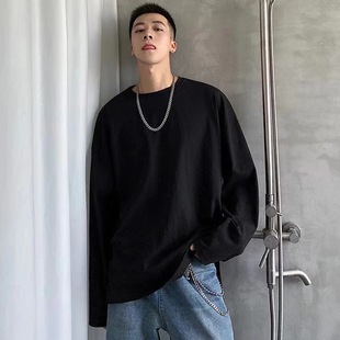 Autumn Clothes Trendy Hong Kong Style Long-sleeved T-shirt Men's Trendy Brand All-match Loose Round Neck Sweat Spring and Autumn Solid Color Base
