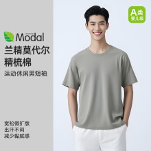 莫代尔凉感圆领T恤25夏季新款男上衣宽肩版纯色运动透气休闲短袖