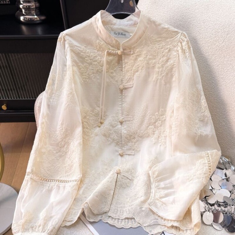 (Lined) New Chinese-Style Stand-Up Collar Embroidered Tassel Lace Shirt for Women, Spring and Summer Style, Slim-Fit Long Sleeves (Lined) New Chinese-Style Stand-Up Collar Embroidered Tassel Lace Shirt for Women, Spring and Summer Style, Slim-Fit Long Sleeves
