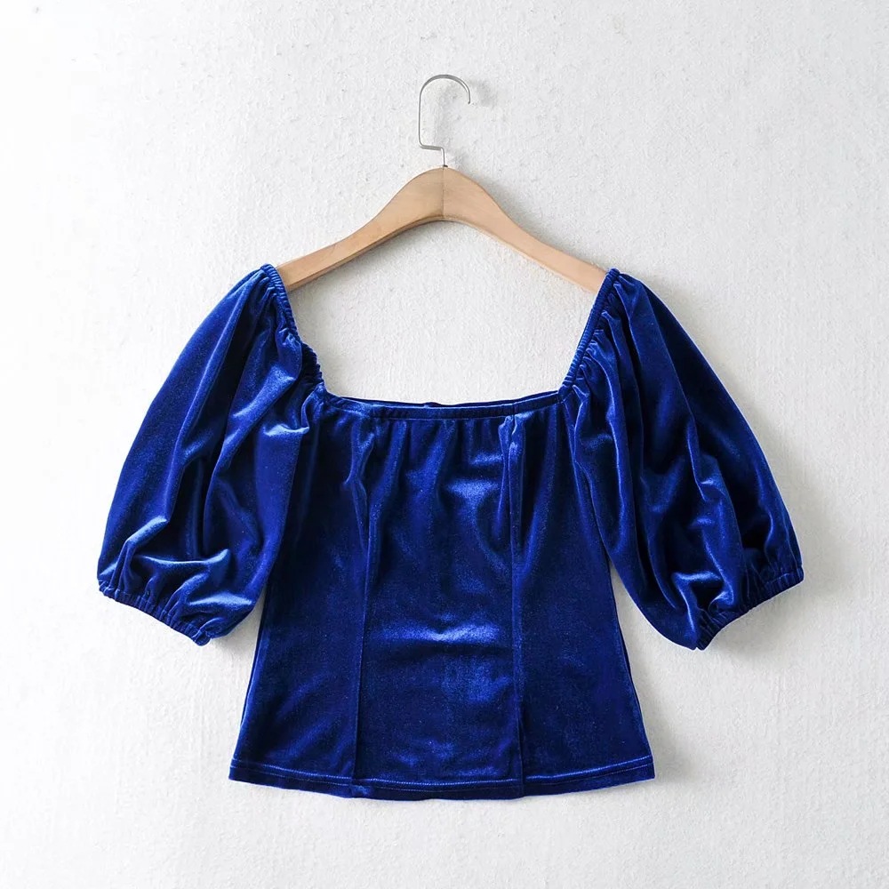 fashion retro square collar puff sleeve velvet T-shirt  NSAC21230