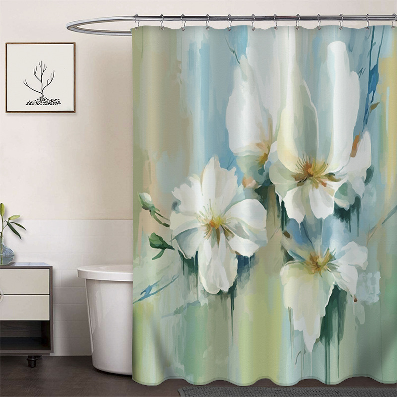 Cortina de ducha de poliéster impresa con hebilla de cortina de ducha de plástico baño cuarto de baño cortina de partición impermeable a prueba de moho