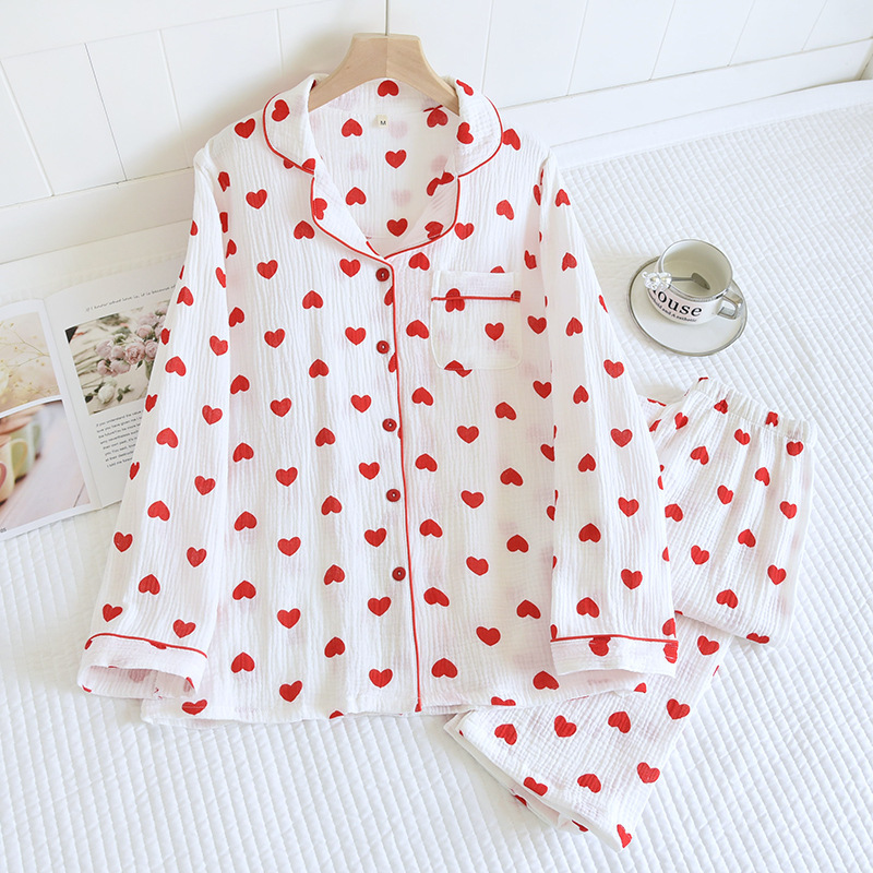 Love Crepe Long Sleeve Trousers A variety of pure cotton gauze thin spring and autumn home clothing suit pajamas Source Factory