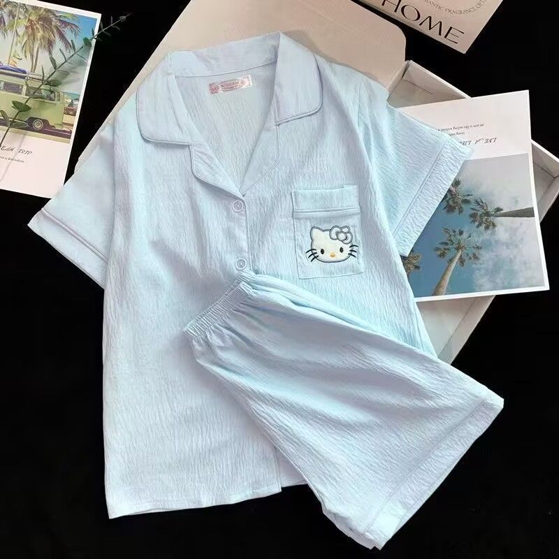 ピンク KT 猫パジャマ夏の女性の純粋な綿半袖ショーツ甘い雲綿夏は家の服セットの外で着用できます|undefined