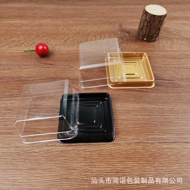 Caja de embalaje de pastel de Luna yema de huevo nieve crujiente Mei Niang caja de regalo PET plástico negro oro caja de ampolla cuadrada transparente