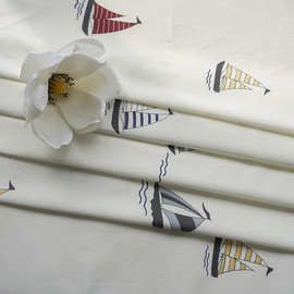 60精梳梭织纯棉贡缎印花面料批发 日韩白色帆船床上用品全棉布料