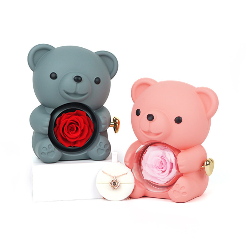 Ventas calientes abrazar oso flip sorpresa caja de joyería rosa oso jabon flor caja de regalo de día de San Valentín