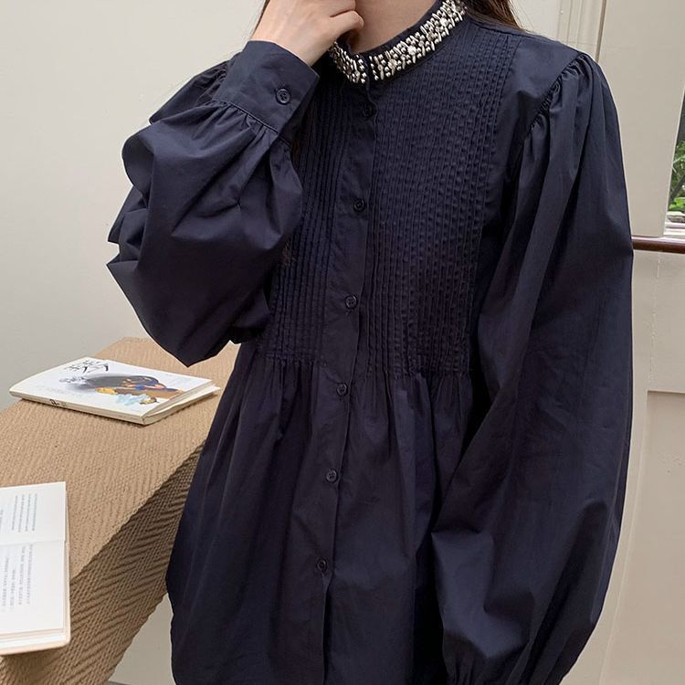 2025秋法式宫廷风小众立领镶钻上衣女压褶百搭娃娃衫衬衫洋气小衫|undefined