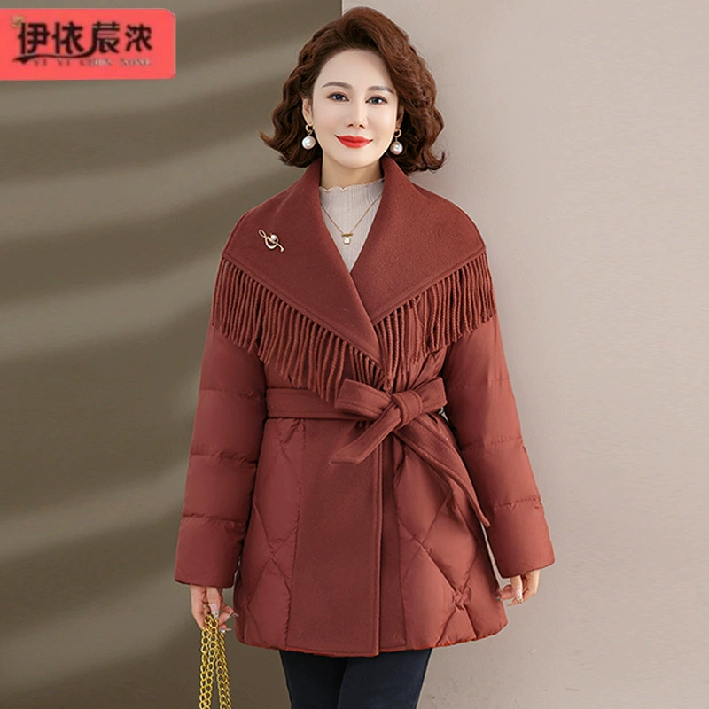 Зимнее пальто средней длины для мам, новинка 2025 года, элитное, с бахромой, шерстяное, в стиле пэчворк, теплое хлопковое пальто для женщин
