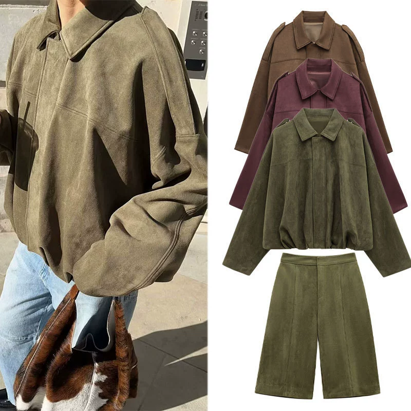 Женская повседневная куртка на молнии Весенняя куртка пилота замшевая куртка европейская и американская мода свободная текстура рукава летучей мыши 2025