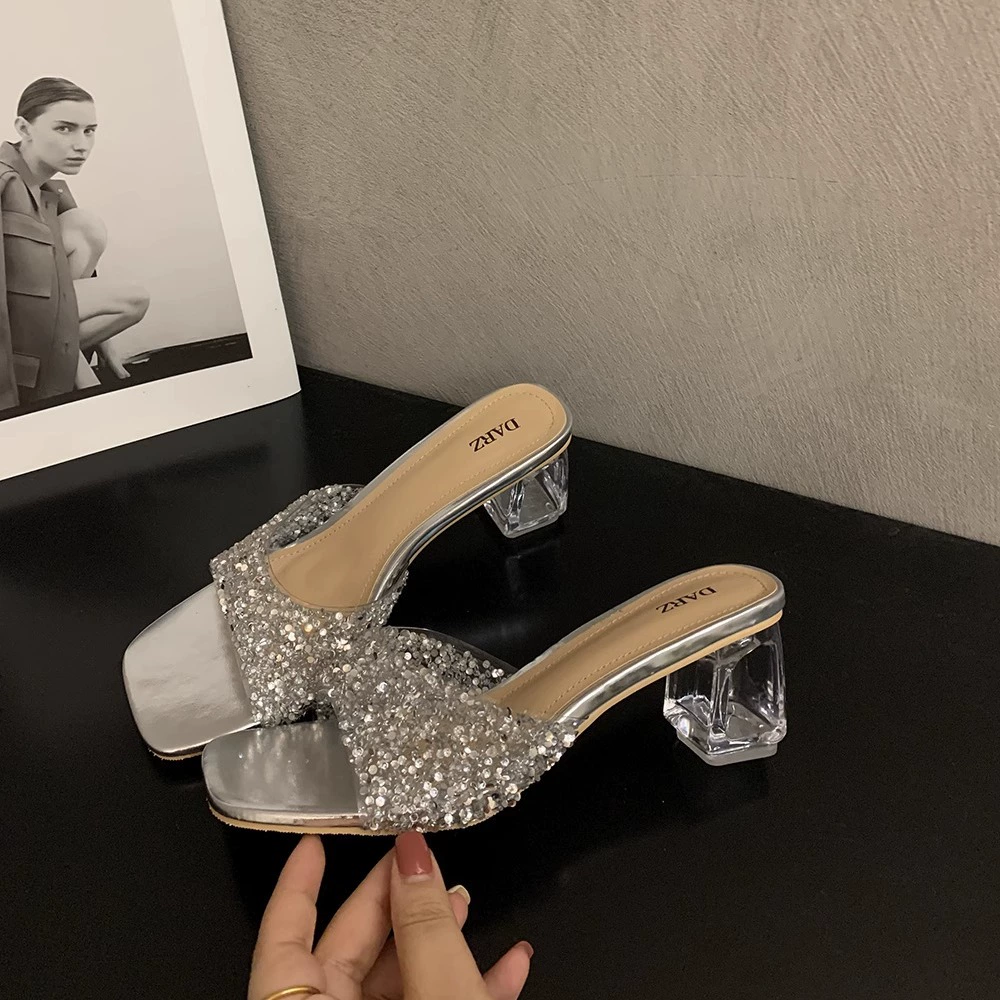 Ruodan Ruodan Galaxy Starlight! Серебряные босоножки на каблуке со стразами и кристаллами, женские летние туфли-мулы на толстом каблуке