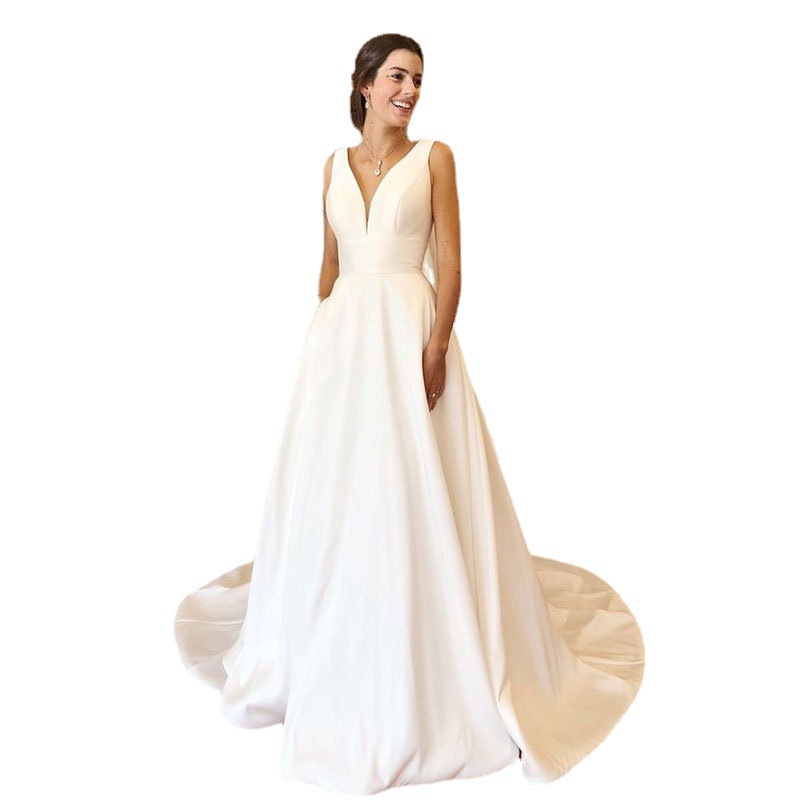 Comercio exterior europeo y americano Amazon AliExpress deseo estación independiente nuevo satinado brillante una línea larga adelgazar vestido de novia image 5