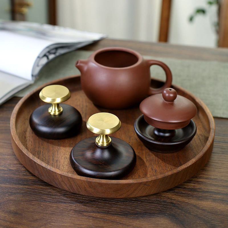 Ebony Lid Set Tea Pet Accessories Tea Pot Lid Bowl Lid Bracket Kung Fu Tea Set Pure Copper Solid Wood Combination Tea Table Ornaments