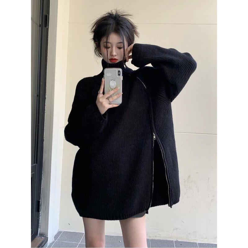 小众高领拉链加厚毛衣女秋冬季慵懒风宽松中长款针织衫设计感上衣|undefined