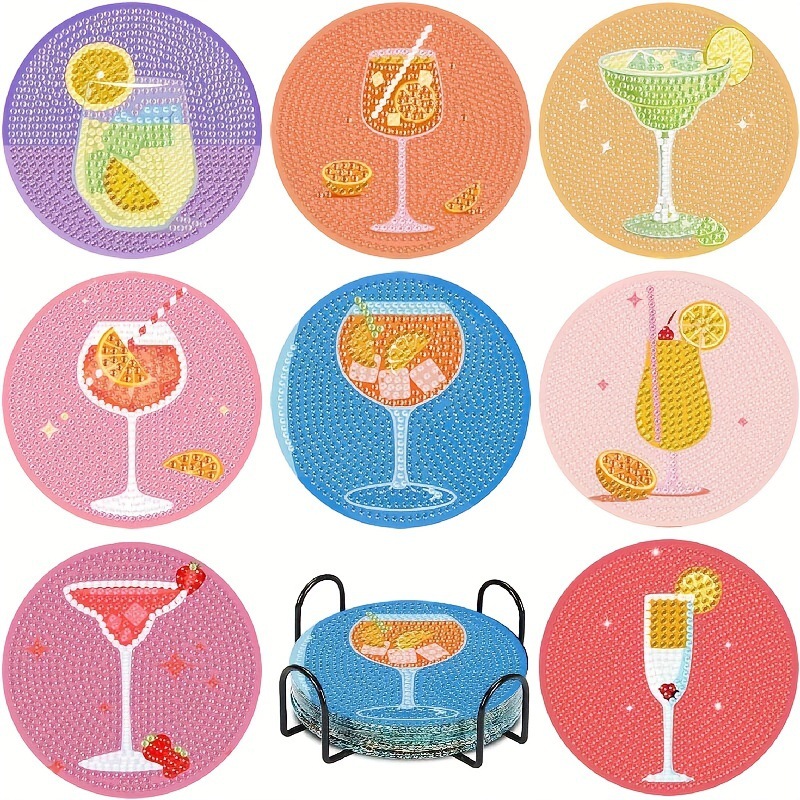 Ventas transfronterizas calientes de 8 piezas de conjunto de cojín de taza de arte de diamante, con soporte, pequeño conjunto de pintura de diamante, adecuado para adultos