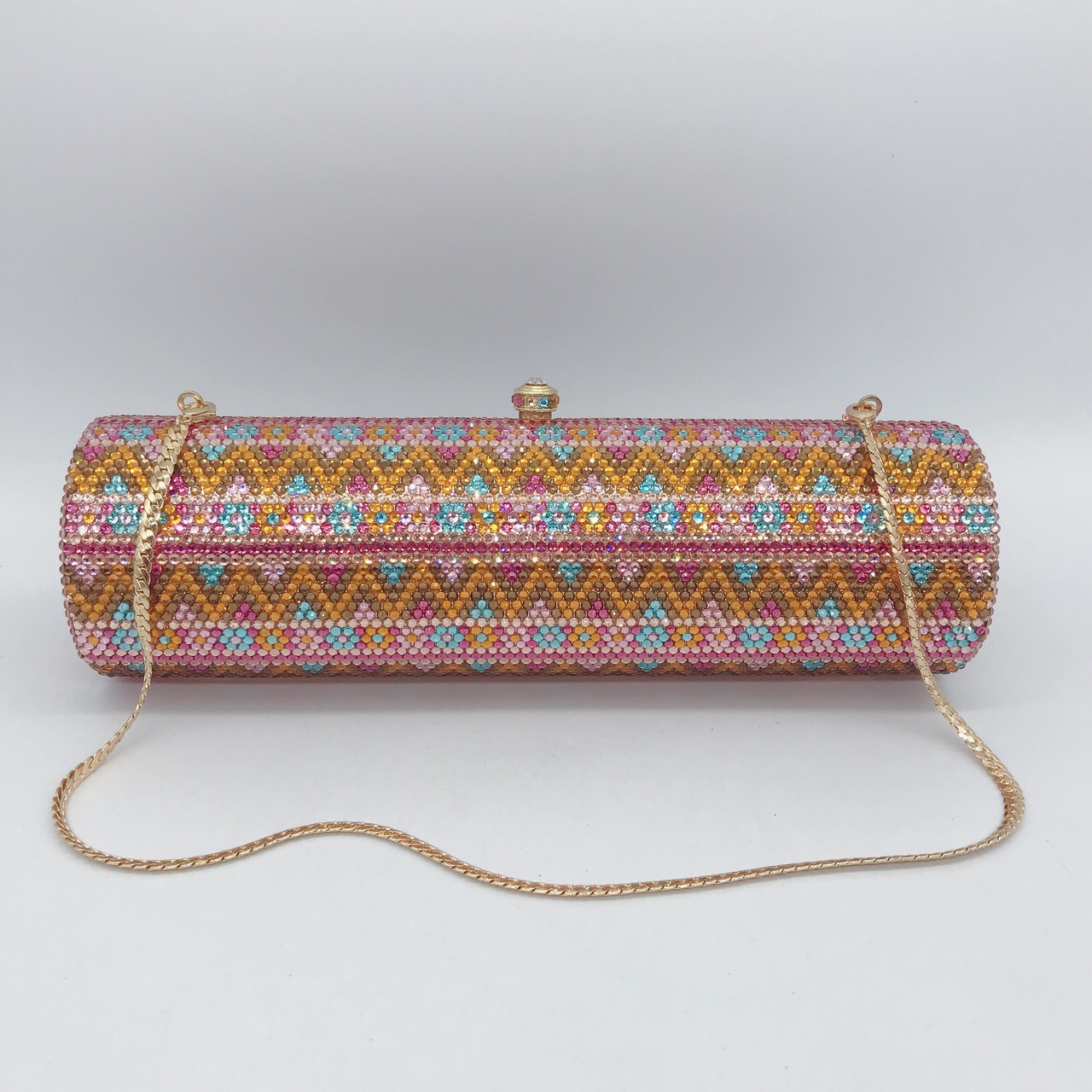 Túi clutch dạ tiệc đính kim cương thủ công chuỗi hình trụ phong cách Âu Mỹ — Màu phấn vân v chi tiết 3