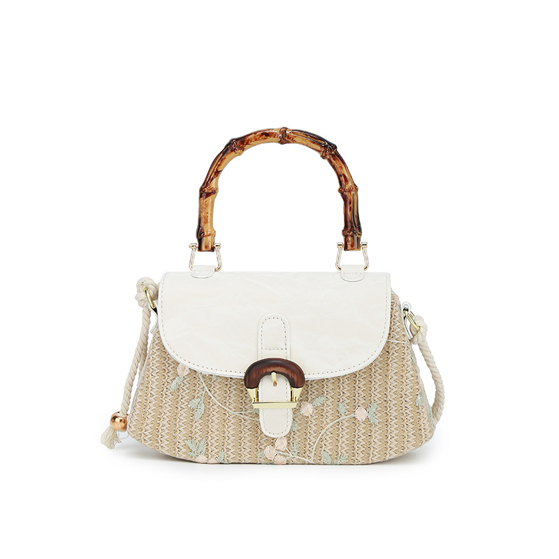 Bolso de hombro para mujer, estilo pastoral, bolso de mano con mango de bambú tejido de paja, bolso de mensajero de playa de bosque fresco y dulce