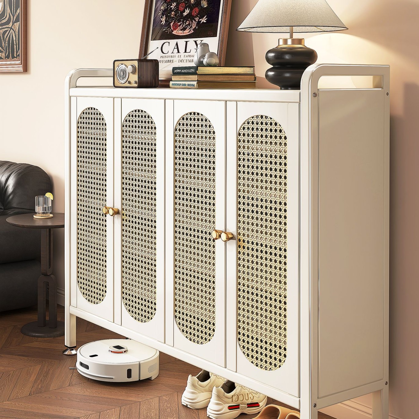 Steel Rattan Shoe Cabinet for Home Entrance Simple Storage Cabinet Integrated Wall-Mounted Multi-Layer Large-Capacity Hallway Entry Shoe Rack