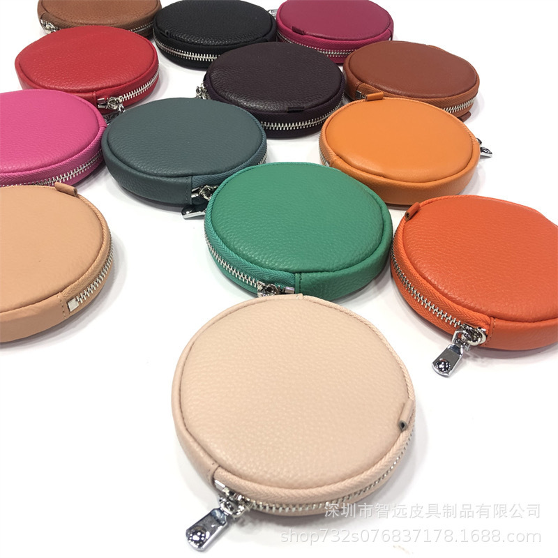 Factory Direct Sale Round Genuine Leather Coin Purse Zipper Key Wallet Cowhide Pebbled Pattern Mini Coin Purse
