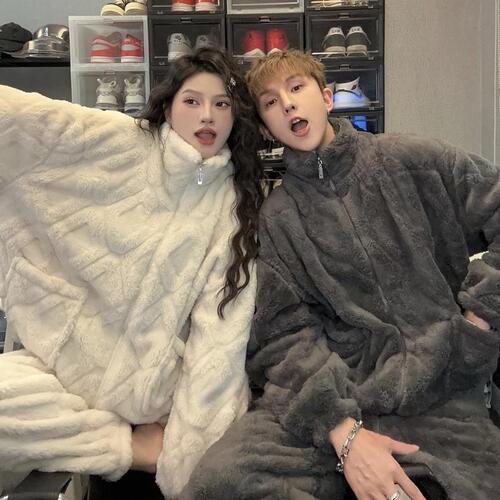 Ash Beige Zippered Coral Fleece Padded & Thickened Pajamas—Autumn/Winter Hot-Selling New Style Couple’s Home Wear Set