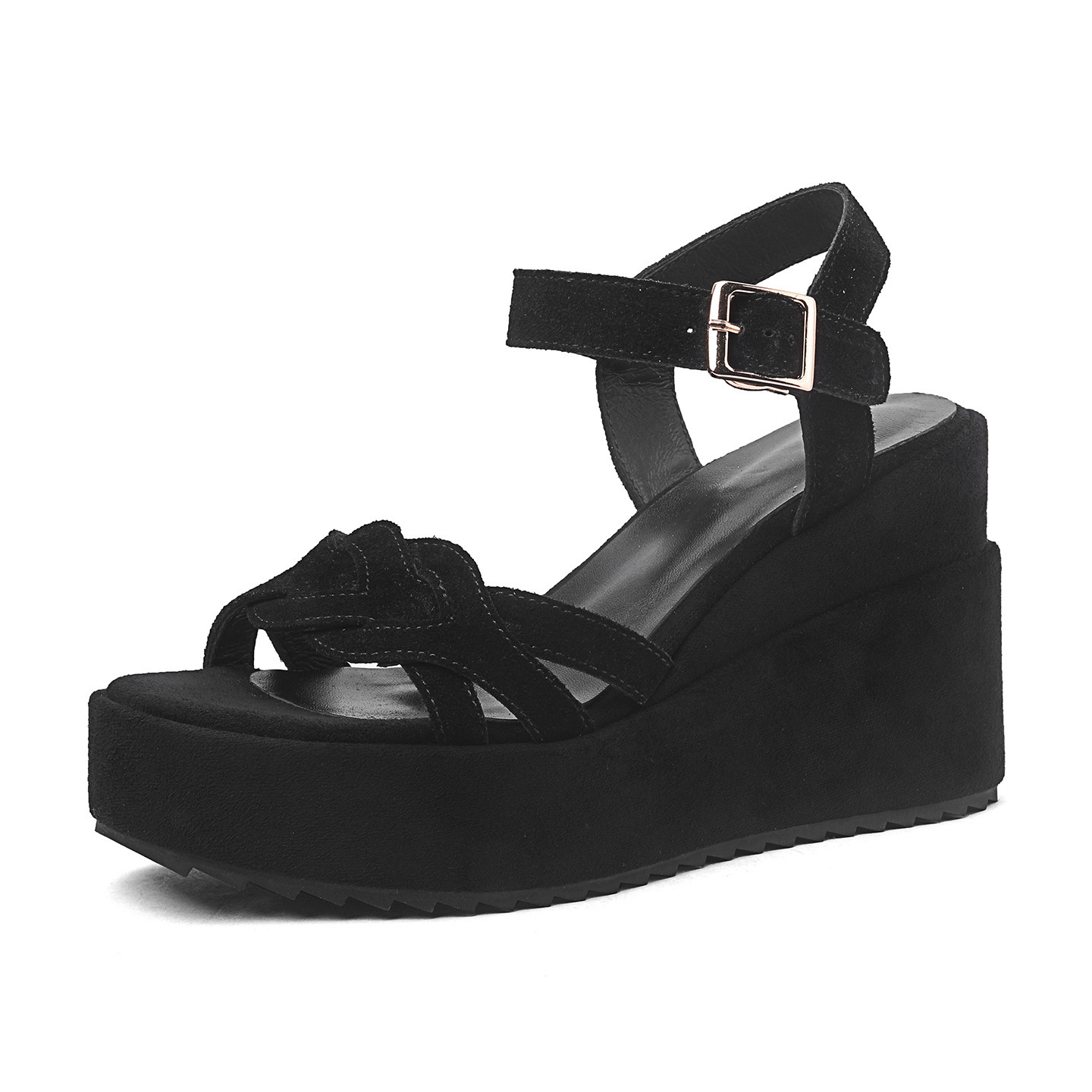 Sandal cao gót nữ hở mũi quai một chữ khóa, đế dày 10 cm, chất liệu da cừu lật dệt — đen chi tiết 11