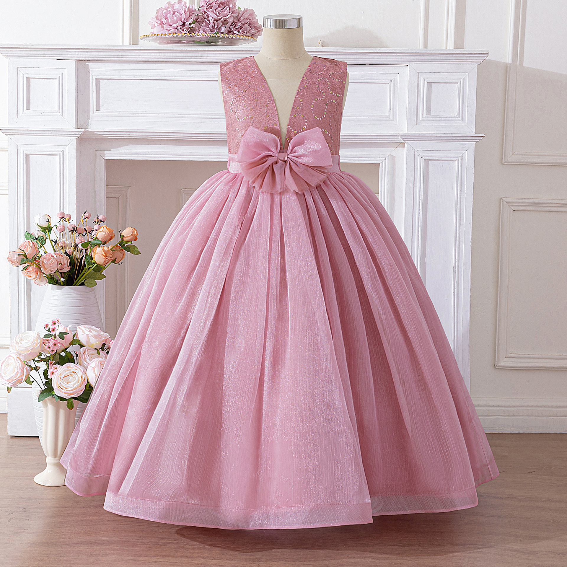 Vestido de princesa para niñas transfronterizas, lazo grande, espalda en V profunda, chaleco con cuello en V, banquete, espectáculo de cumpleaños, vestido de princesa de alta gama