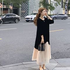 法式千金小个子早秋丝绒连衣裙显瘦气质黑色亮片拼接配有腰带