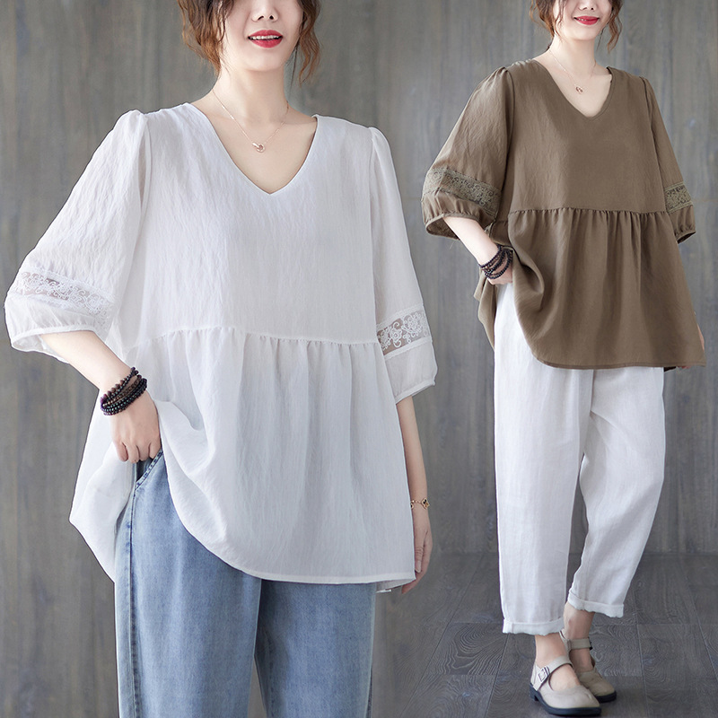 Loose Artistic Plus-Size T-Shirt Top for Women, V-Neck Lace Patchwork Mid-Length Shirt for Women Loose Artistic Plus-Size T-Shirt Top for Women, V-Neck Lace Patchwork Mid-Length Shirt for Women