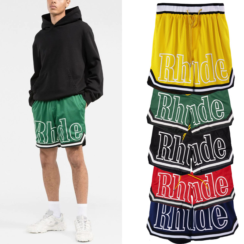 Cross-Border Trendy Brand Rhude American High Street Two-Color Splicing Stripesd Elastic Sports Mesh Basketball 5-Point Shorts for Men and Women Cross-Border Trendy Brand Rhude American High Street Two-Color Splicing Stripesd Elastic Sports Mesh Basketball 5-Point Shorts for Men and Women