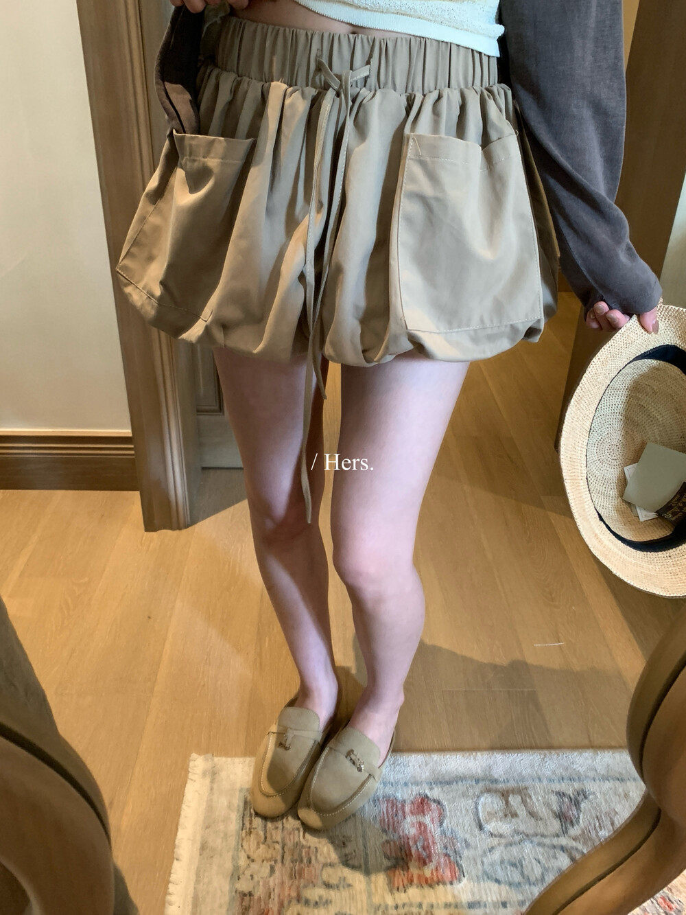 Quần short nữ cạp cao dáng nụ hoa thiết kế rút dây ống rộng thoải mái — Xanh da trờicolor, màu mơ, màu kaki chi tiết 15
