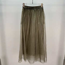 南油新款简约休闲做旧炒色真丝网纱半身裙高腰A字百褶长裙女