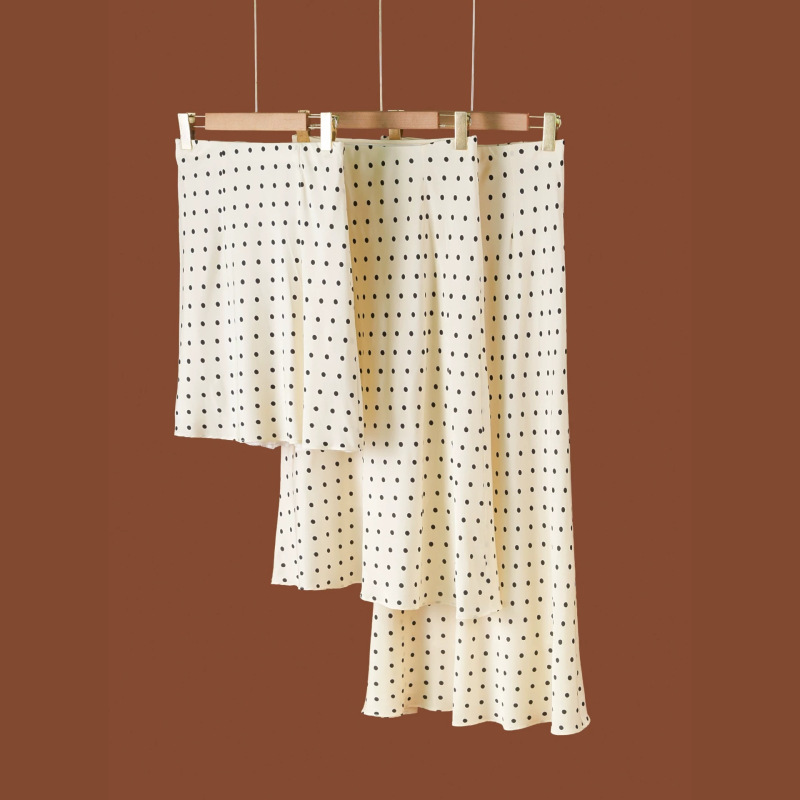 Polka Dot Printed Silk Skirt, White Elegant Slimming Fishtail Skirt, Elegant High-End Mulberry Silk Bias-Cut Long Skirt for Summer
