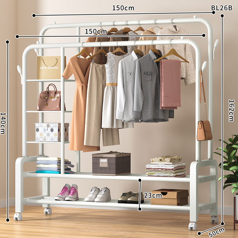 측면 수납망 2층 이중봉 + 옷걸이 150 화이트 + 바퀴