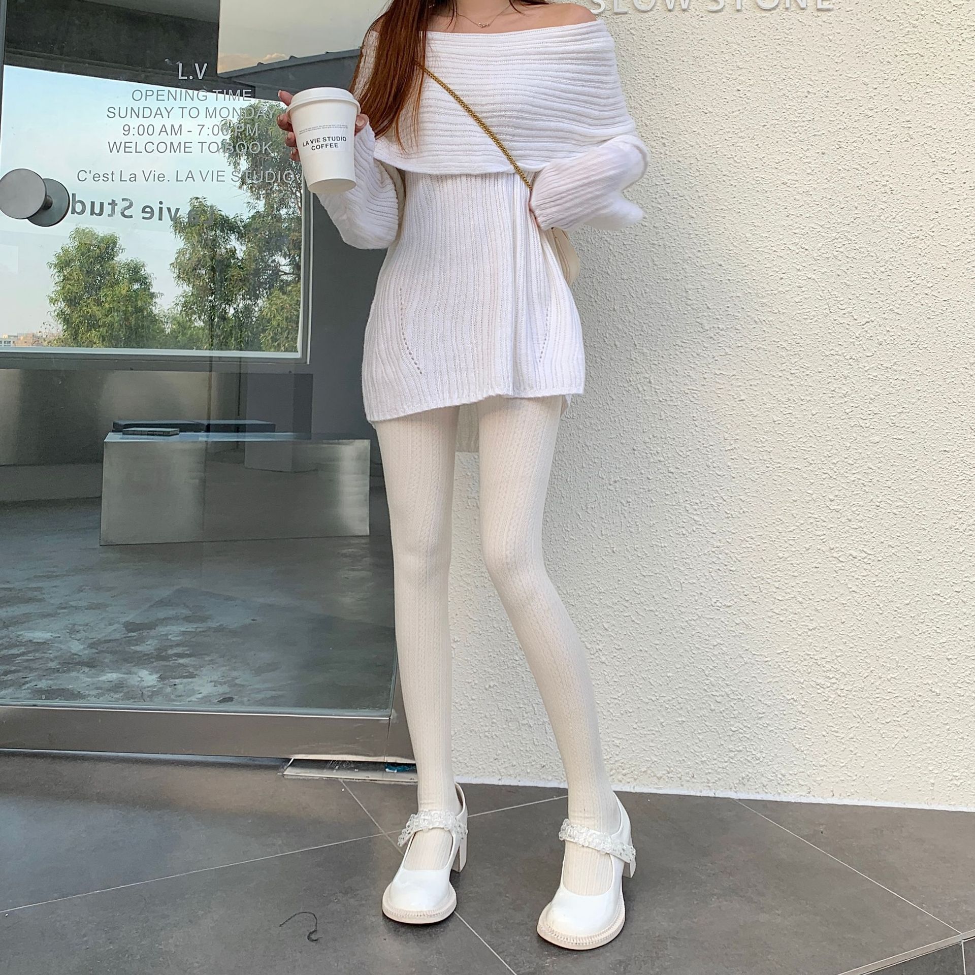 Japanese retro combed cotton twist knitted oat white sweet bottoming socks autumn and winter fleece-lined thickened pantyhose for women