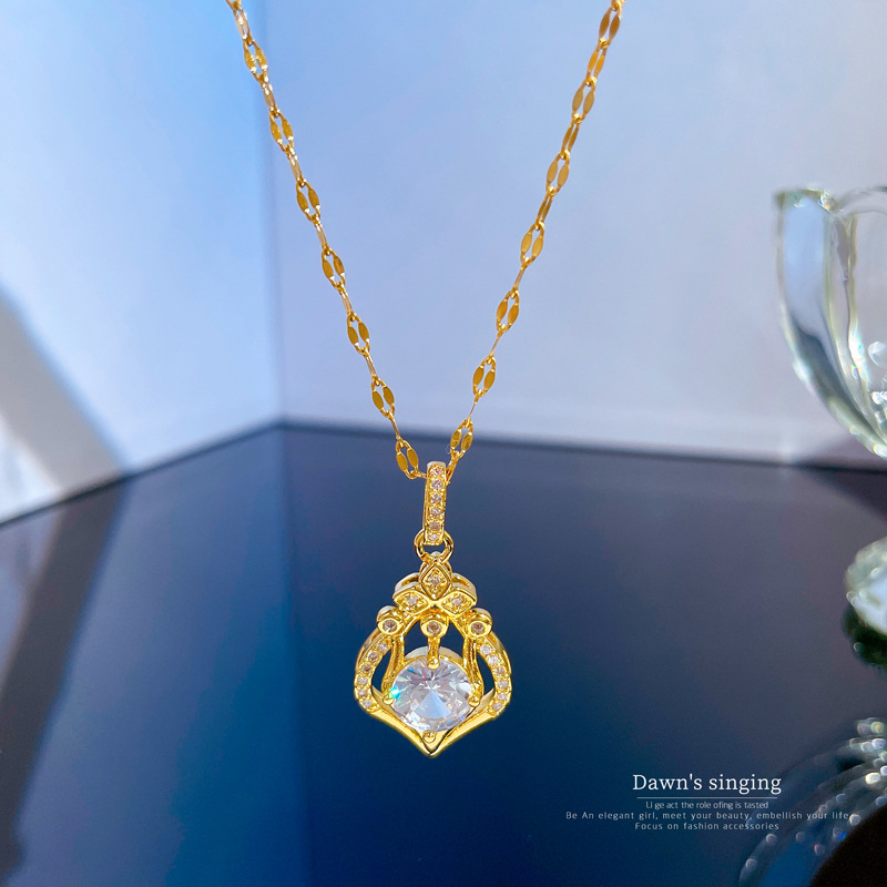 Damen Wassertropfen Halskette Mit Edelstein Aus Edelstahl Gold_voghion.com