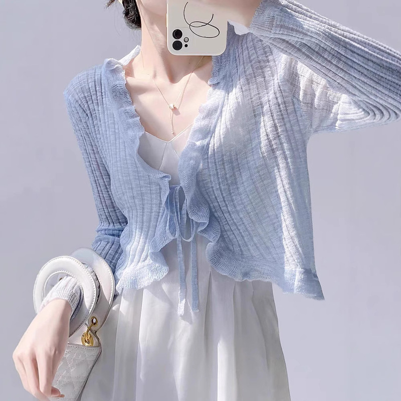 Slub Linen Ruffle Knitted Cardigan Women's Summer Thin Outer Collocation Sling Skirt Sunscreen Shirt Coat Top Women
