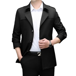 Tommy Black Fashion Trench Coat Men's Clothing 2024 Spring and Autumn New Korean Version Simple Versatile Men's Suit Collar Solid Color Open