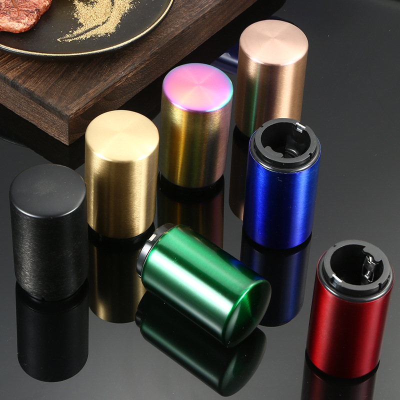 (2개) 스테인레스 스틸 프레스 유형 자동 창조적 인 맥주 병따개 마그네틱 흡입 프레스 비파괴 맥주 스크루 드라이버 로고