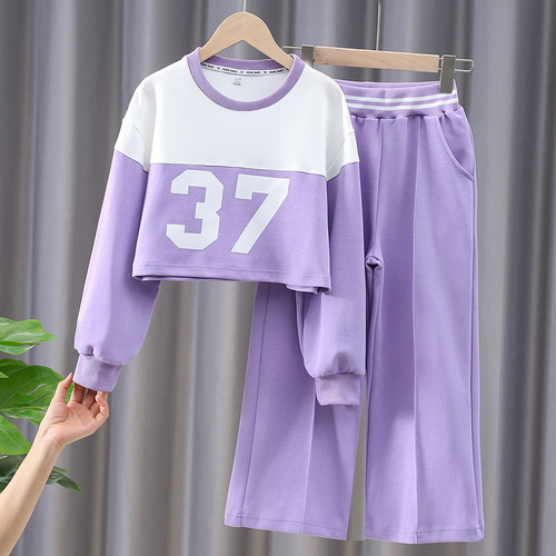 Spring and Autumn Girls' Sports Suit, Big Children's Short Loose Long-Sleeved Sweatshirt and Casual Pants Two-piece Set for Girls and Children's Clothing