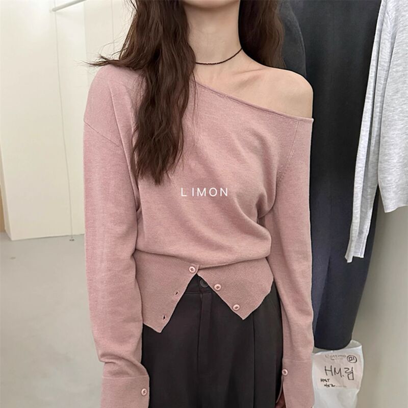 Petite Knitwear Women's Autumn Gentle Open Shoulder Cross Shoulder Collar Base Shirt Korean Button Split Top Petite Knitwear Women's Autumn Gentle Open Shoulder Cross Shoulder Collar Base Shirt Korean Button Split Top