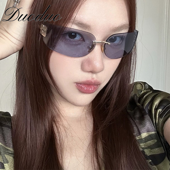 Jang Won-young's same style sunglasses, European and American metal frameless sunglasses, high-end luxury narrow-frame curved designer sunglasses for women
